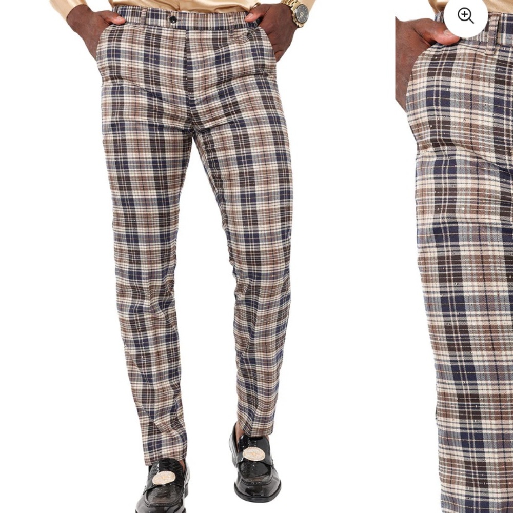 Men's 38 Barabas Muntinlupa Blue Brown White Plaid Skinny Pants Tiny Sequin Gold